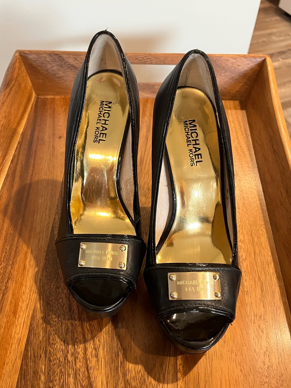 Michael Kors Black Peep-Toe Leather Platform Heels with Gold Accent